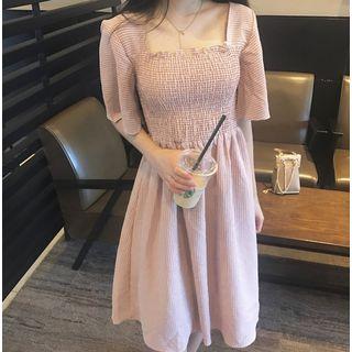 Shirred Check Short-sleeve A-line Midi Dress