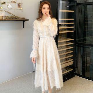 Long-sleeve Fringed Midi A-line Mesh Dress