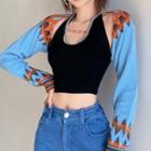 Long-sleeve Pattern Cropped Shawl Blue - One Size