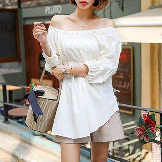 Off-shoulder Shirred Puff-sleeve Top