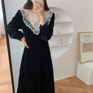 Long-sleeve Lace Mesh Panel Midi A-line Dress Black - One Size