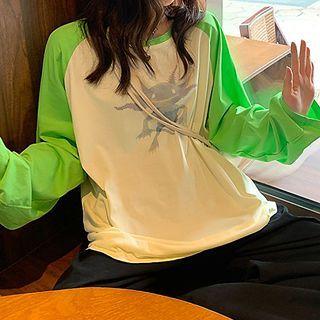 Raglan Sleeve Cartoon Print T-shirt Green - One Size