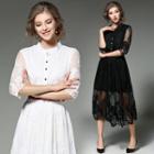 Elbow-sleeve Crewneck A-line Sheath Cutout Panel Slim Lace Long Dress
