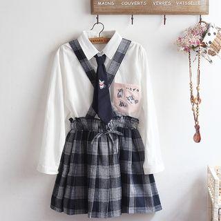 Long-sleeve Embroidered Cat Shirt / Plaid A-line Mini Pleated Suspender Skirt / Set