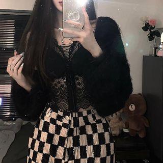 Lace Camisole Top / Checker Print Wide Leg Pants / Fluffy Jacket