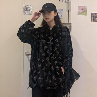 Butterfly Patterned Drawstring Hem Zip Jacket As Shown In Figure - One Size