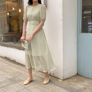 Puff-sleeve A-line Long Chiffon Dress