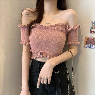 Off-shoulder Frill Trim Knit Crop Top