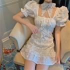 Short-sleeve Square-neck Flower Mini A-line Dress