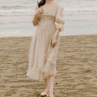 Elbow-sleeve Lace-up Frill Trim Midi A-line Dress