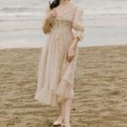Elbow-sleeve Lace-up Frill Trim Midi A-line Dress