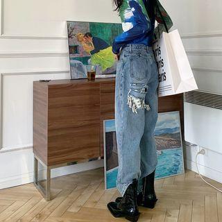 Distressed Applique Wide-leg Jeans