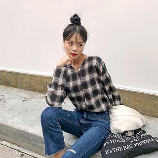 V-neck Plaid Cotton Shirt