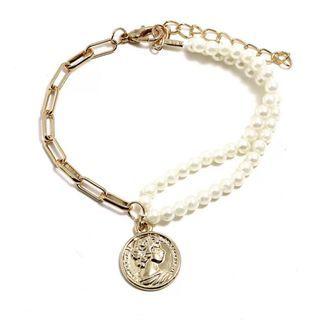 Layered Faux Pearl Coin Charm Bracelet Gold - One Size