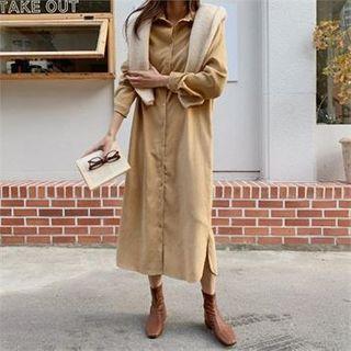 Faux-suede Slit-side Long Shirtdress
