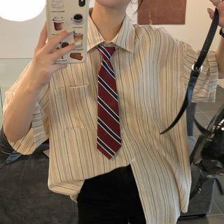 Short-sleeve Striped Neck Tie Shirt Stripe - Beige - One Size