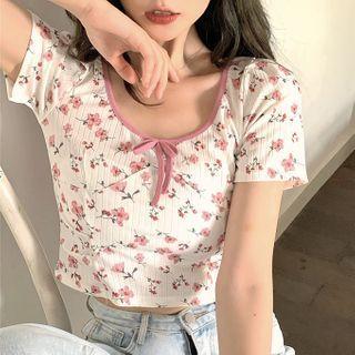 Short-sleeve Floral Print Cropped T-shirt Pink & White - One Size