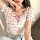 Short-sleeve Floral Print Cropped T-shirt Pink & White - One Size