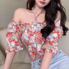 Off-shoulder Flower Print Cropped Blouse Flower - Red & Pink & Yellow - One Size
