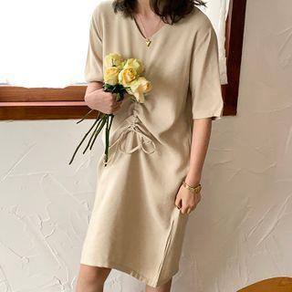 Drawstring Ruched Elbow-sleeve Midi Dress