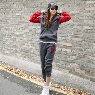 Set: Contrast-trim Letter Print Hoodie + Jogger Pants
