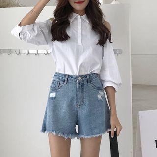 Distressed Fringed High-waist Denim Shorts