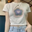 Short Sleeve Heart Flower Print Crop T-shirt White - One Size