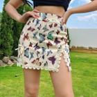 Butterfly Print Lace Trim A-line Skirt