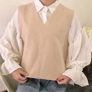 Set: Puff-sleeve Blouse + V-neck Vest