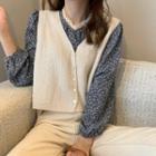 Flower Print Blouse / Cable-knit Button-up Sweater Vest