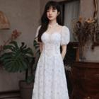 Puff-sleeve Square Neck Maxi A-line Dress