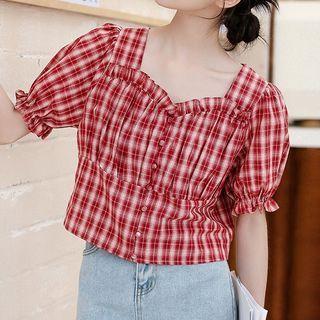 Short-sleeve Check Ruffled Blouse Red - One Size