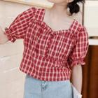 Short-sleeve Check Ruffled Blouse Red - One Size