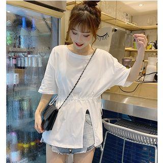 Side-slit Drawstring Elbow-sleeve T-shirt