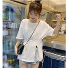 Side-slit Drawstring Elbow-sleeve T-shirt
