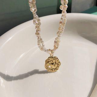 Alloy Disc Pendant Freshwater Pearl Necklace 1 Pc - White - One Size