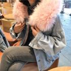 Furry Trim Hooded Buttoned Denim Coat