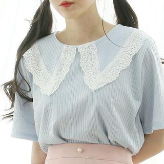 Lace-trim Collared Ribbed Top