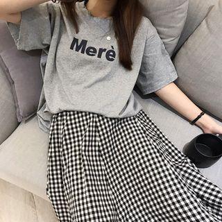 Elbow-sleeve Lettering T-shirt / Gingham A-line Skirt
