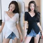 Plain Short-sleeve V-neck Wrap T-shirt