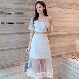 Mesh Panel Bell-sleeve Midi A-line Dress