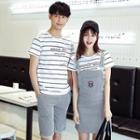 Couple Matching Set: Striped Short Sleeve T-shirt + Dungaree Dress/ Shorts