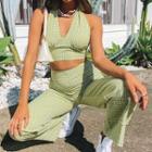 Set: Plaid Halter-neck Cropped Top + Plaid High-waist Pants