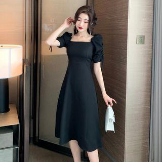 Puff-sleeve Drawstring Square-neck Plain Midi Dress