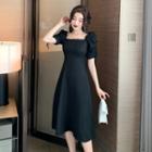 Puff-sleeve Drawstring Square-neck Plain Midi Dress