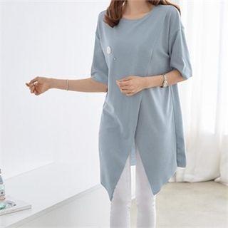 Elbow-sleeve Slit-front Top