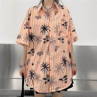 Elbow-sleeve Tree Print Striped Shirt