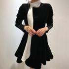 Tie-neck Long-sleeve Mini A-line Dress Black - One Size
