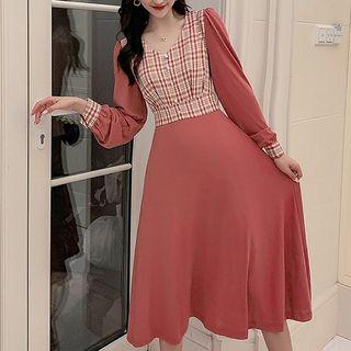 Long-sleeve Check Panel Midi Dress