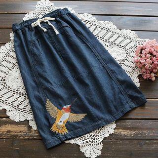 Drawstring Embroidery Denim Skirt